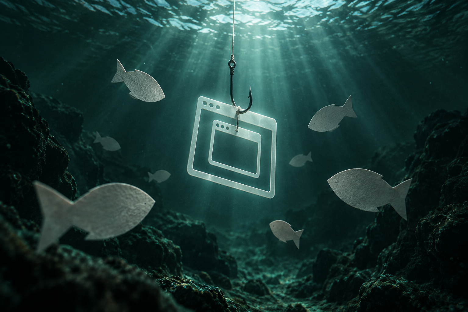 Underwater, a fishing hook dangles a lure shaped like a blank pop-up window inside another window, circled by paper-card fish.