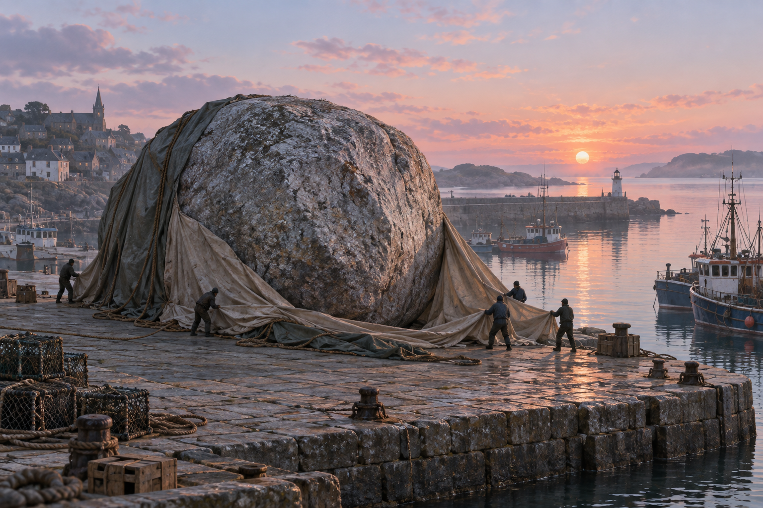 Distant dock workers pull canvas off a giant granite boulder on a harbor quay at a pastel dawn.
