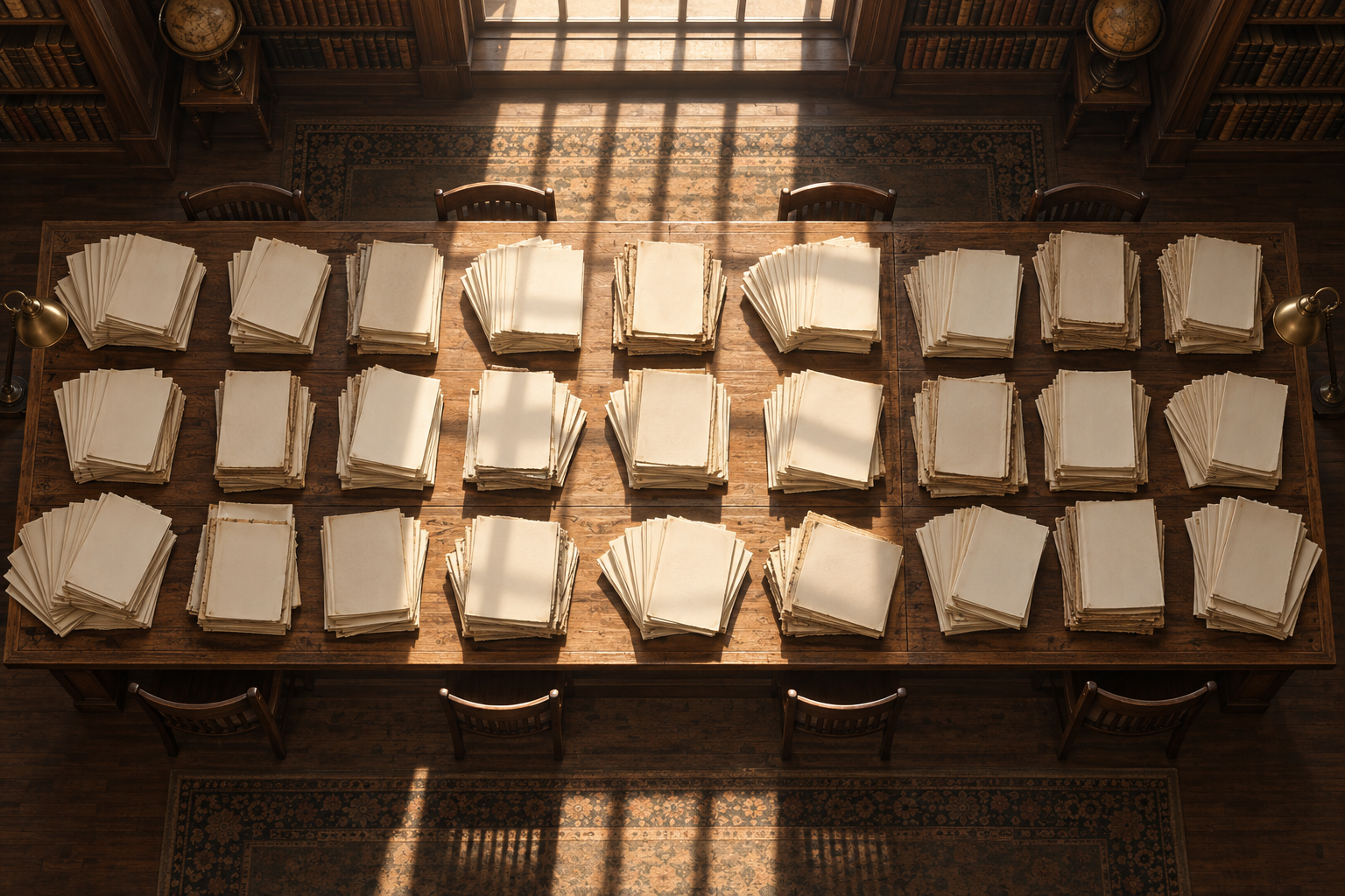 An overhead view of hundreds of blank manuscripts grouped in piles on library tables under a skylight.