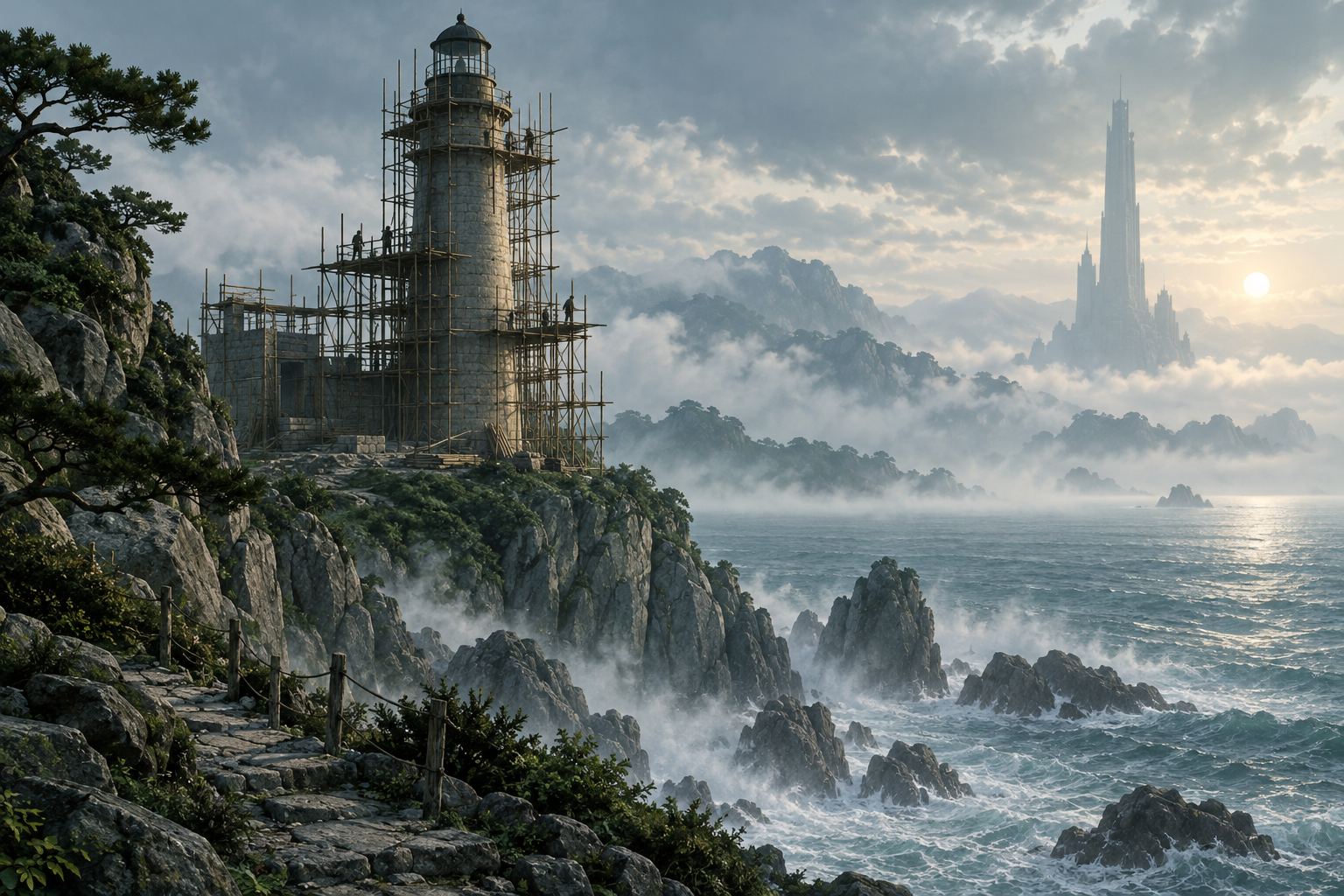A stone lighthouse wrapped in bamboo scaffolding rises on a misty headland, with a taller tower faint across the sea.