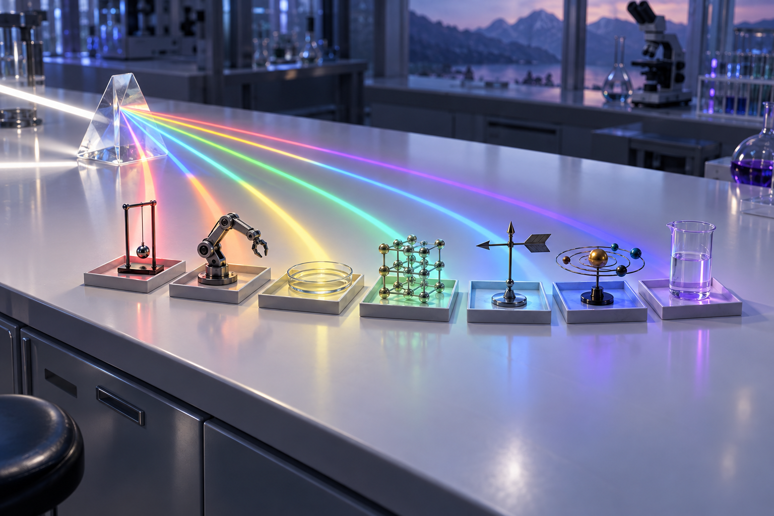 A glass prism on a lab bench splits light into seven rays, each falling on a different scientific specimen.