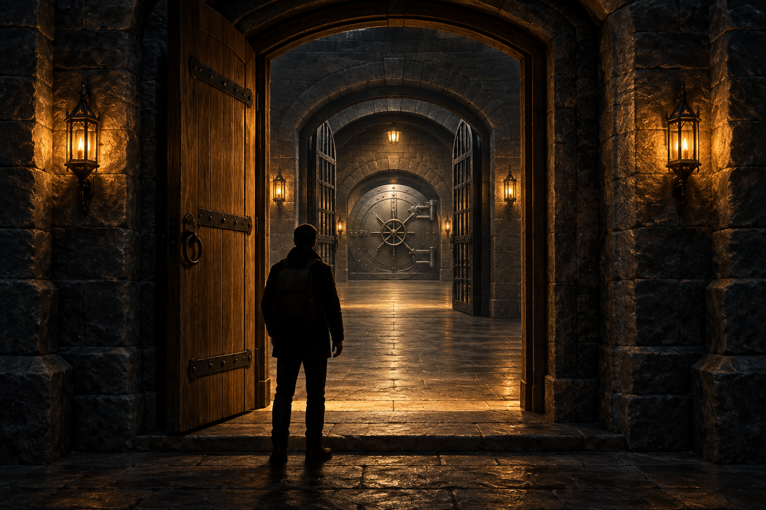 A stone corridor leads through three increasingly fortified doorways, lit by warm amber lamps, with a small silhouetted figure at the first door.
