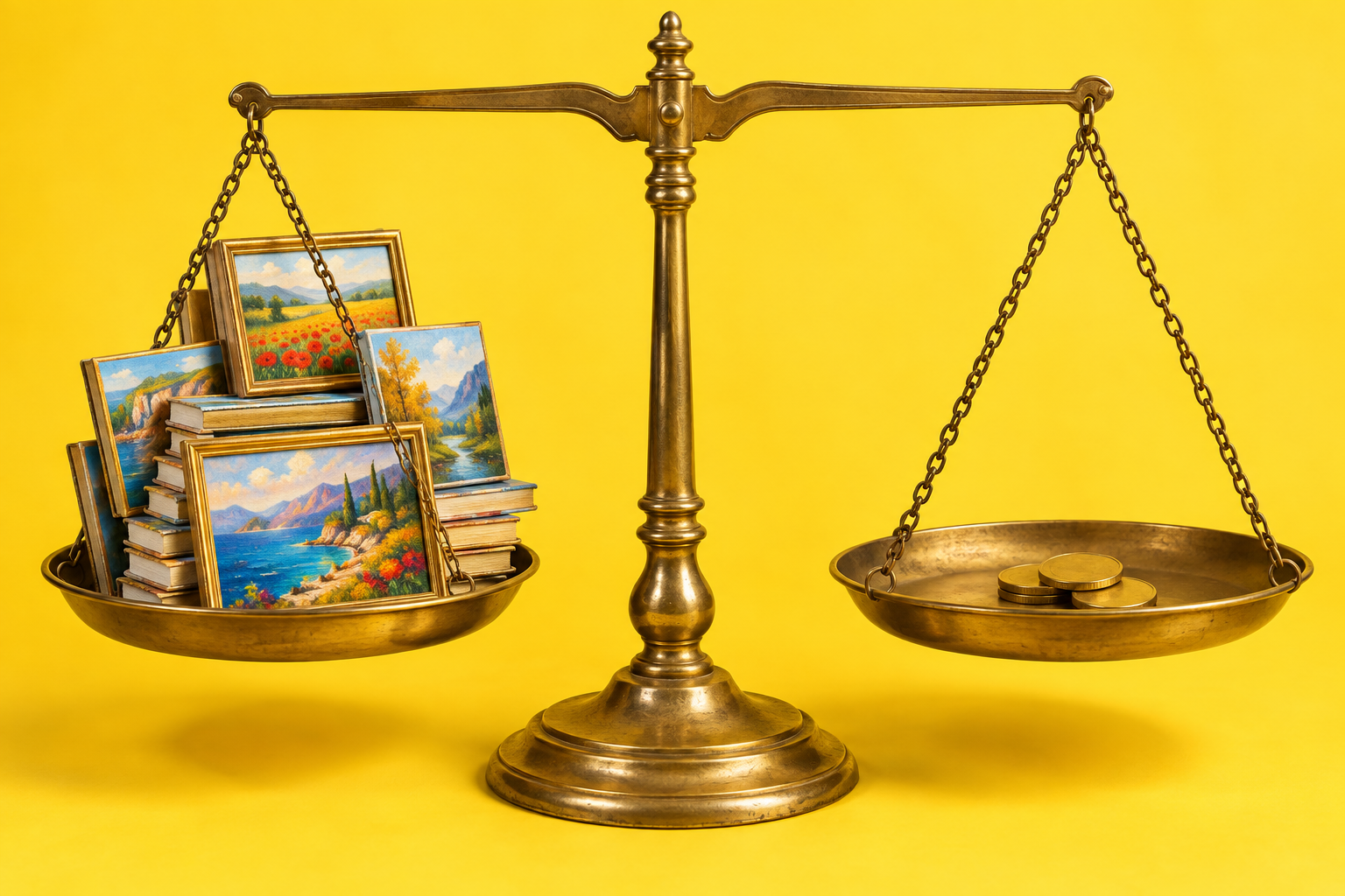 A brass balance scale on a yellow backdrop holds a stack of small framed paintings level with a few coins.