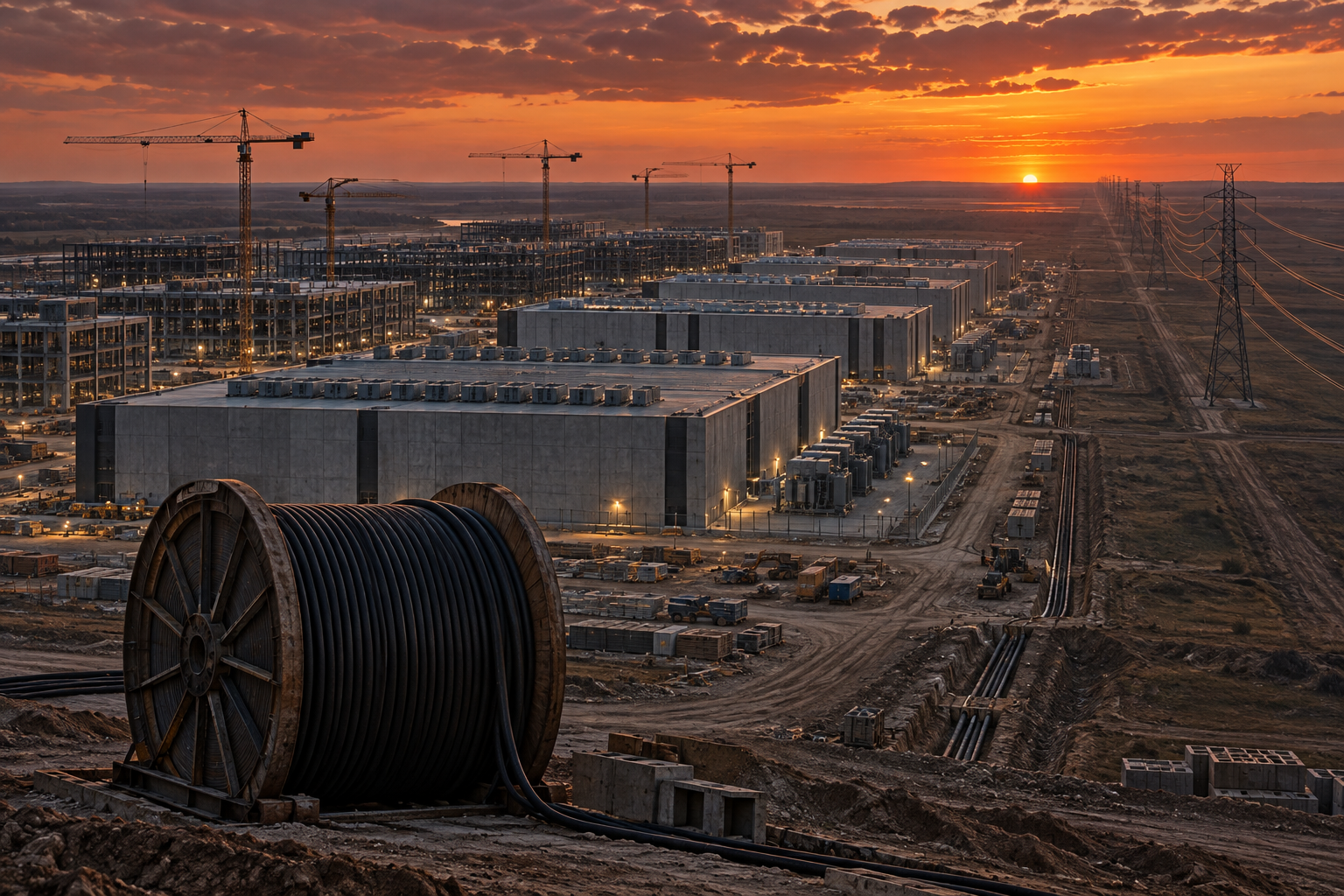 An aerial dusk view of a sprawling, partly built data center campus with cranes and power lines.