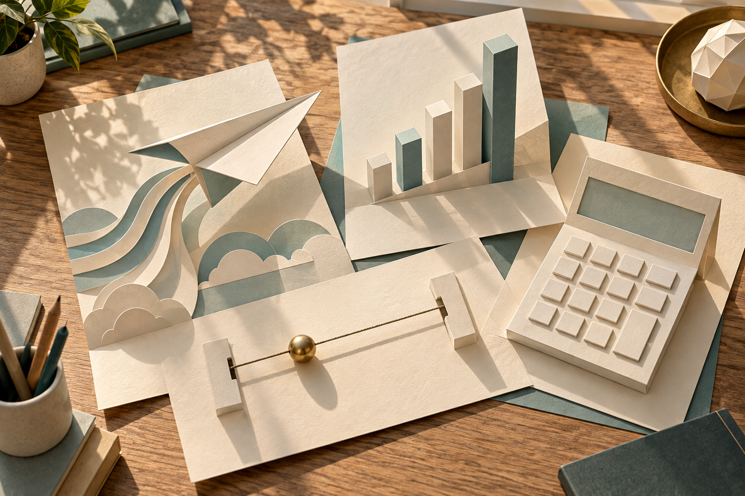 Flat paper sheets on a sunlit wooden table fold up into pop-up charts, a wing model and small paper tools.