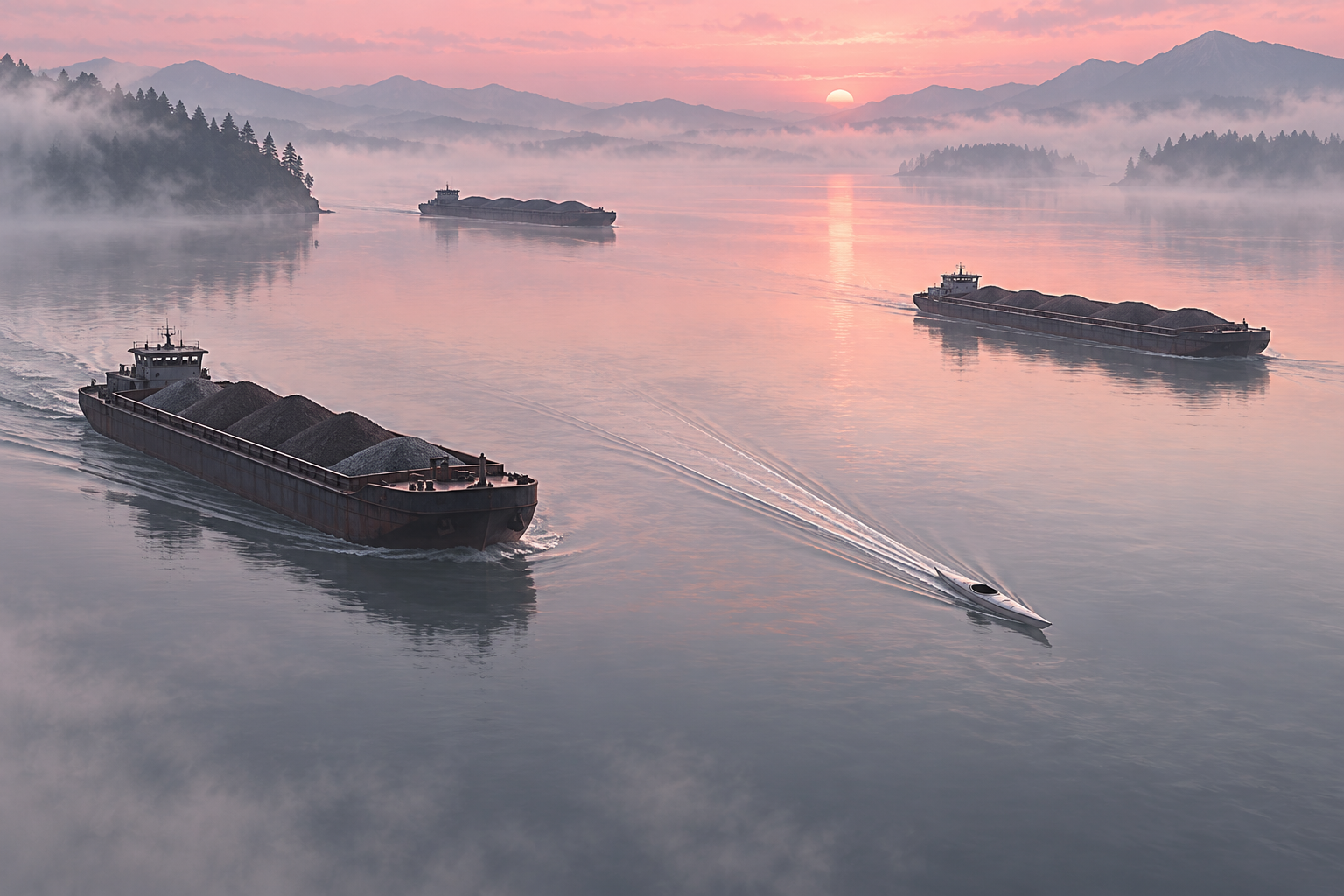 From above, a slim kayak glides past heavy barges on a misty pink-and-silver lake at dawn.