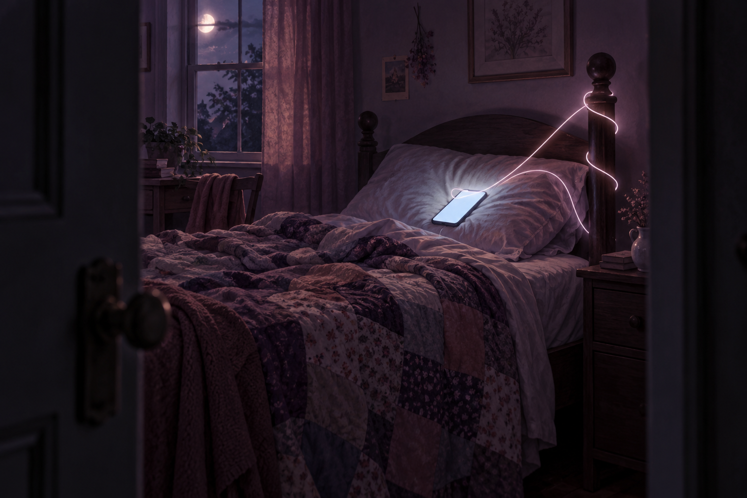 A glowing phone on a pillow in a dark bedroom, with a luminous ribbon looping from it around the bed.