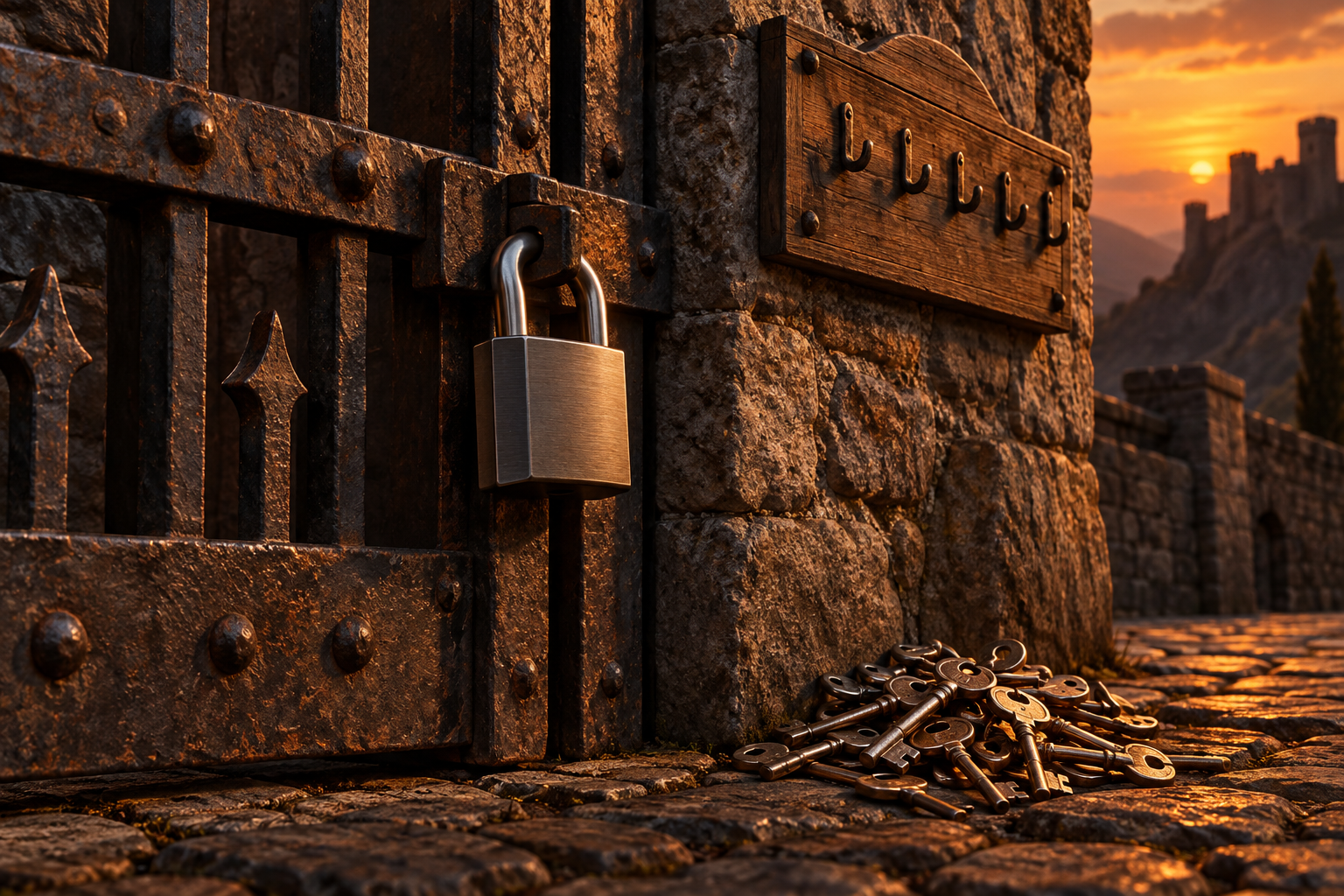 A fortress gate at dusk with a replaced padlock, an emptied key rack and a pile of duplicate keys on the ground.