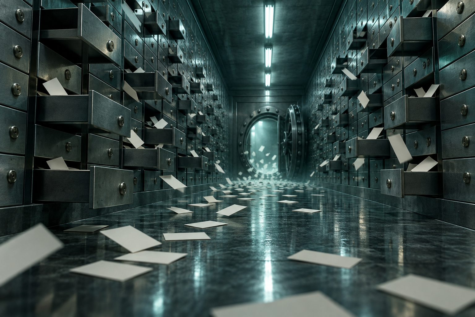 A cold-lit bank vault corridor with safe-deposit drawers pulled open and blank cards spilling toward an open hatch.
