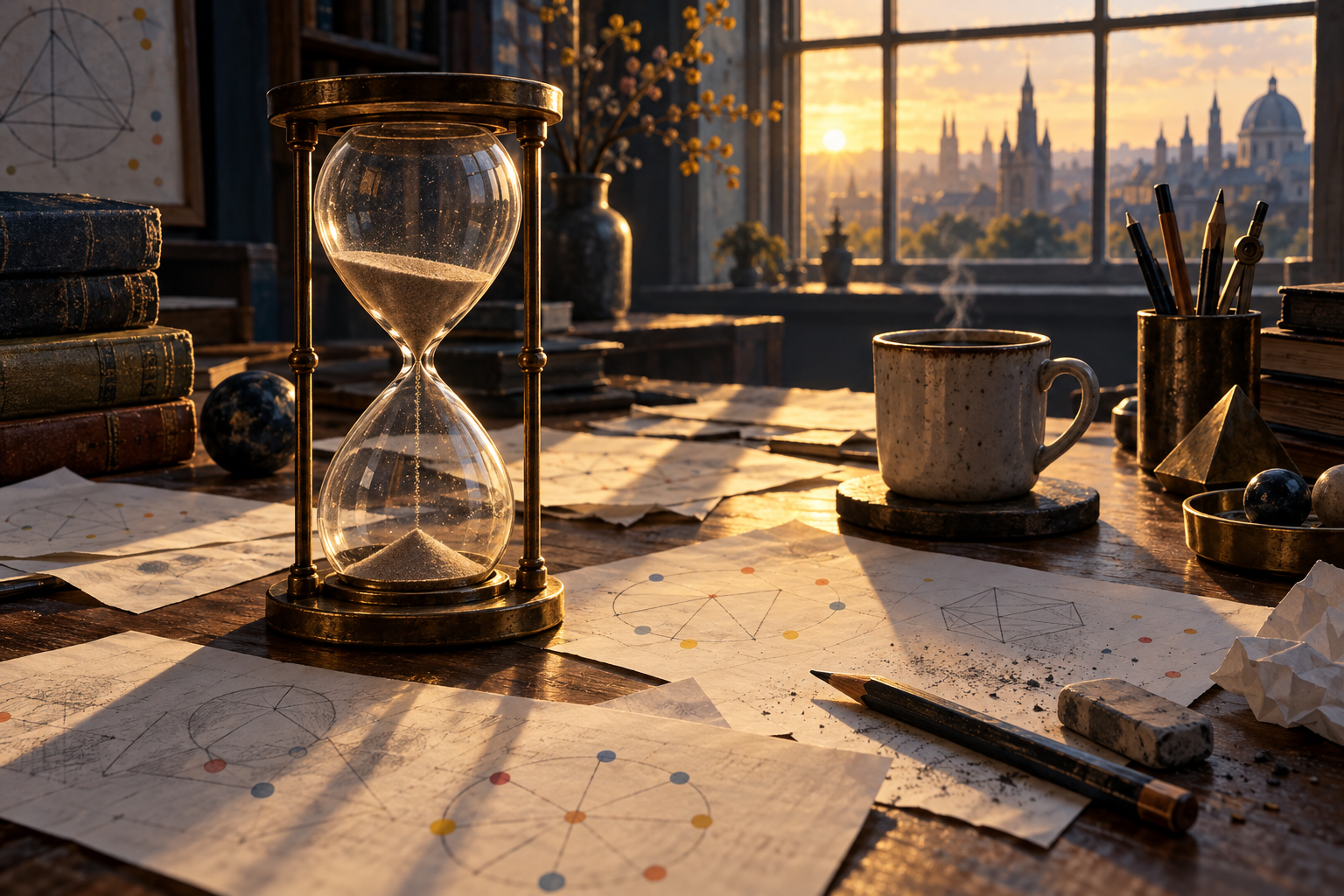 An hourglass running out on a sunlit desk scattered with wordless pencil diagrams and a coffee cup.