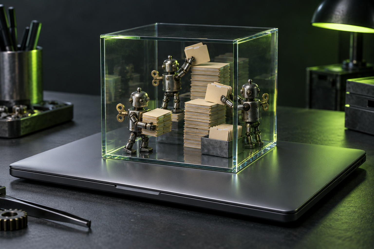 Tiny wind-up figures sorting miniature folders inside a glass cube on top of a laptop on a graphite workbench.