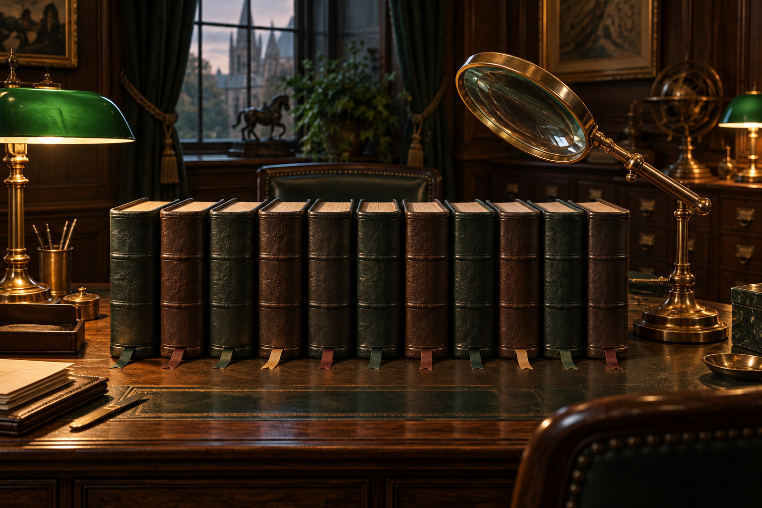 Ten bound ledgers under a brass magnifying glass on an oak desk in a lamp-lit records office.