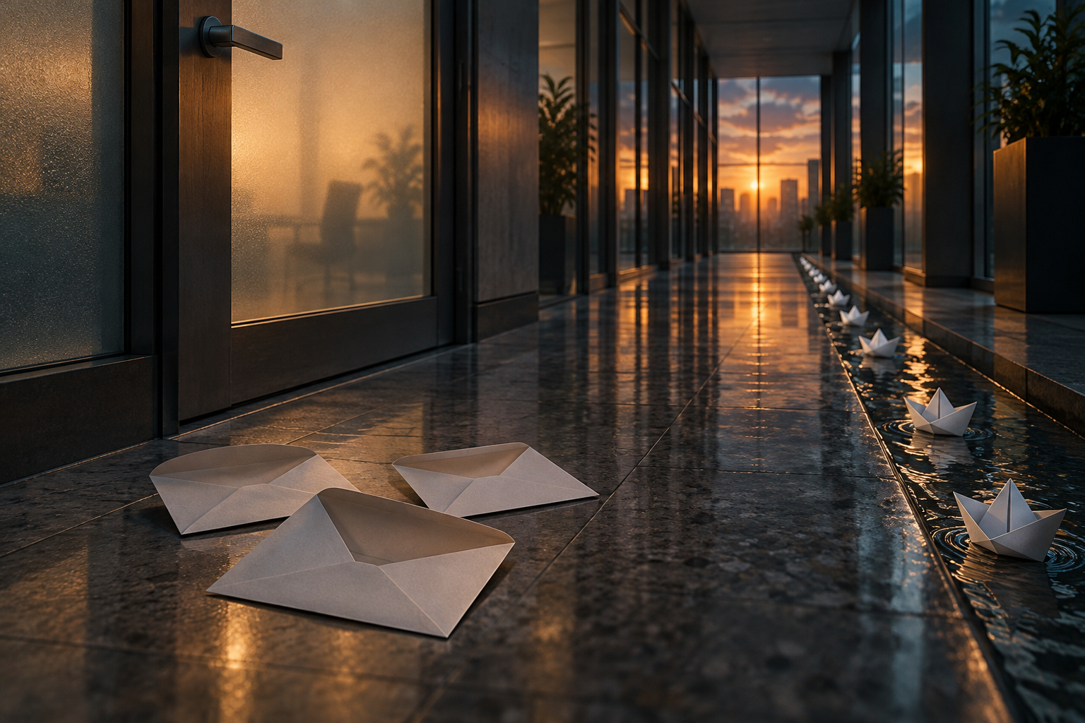 Three open envelopes lie on the floor of a dim corridor outside a closed frosted-glass door.