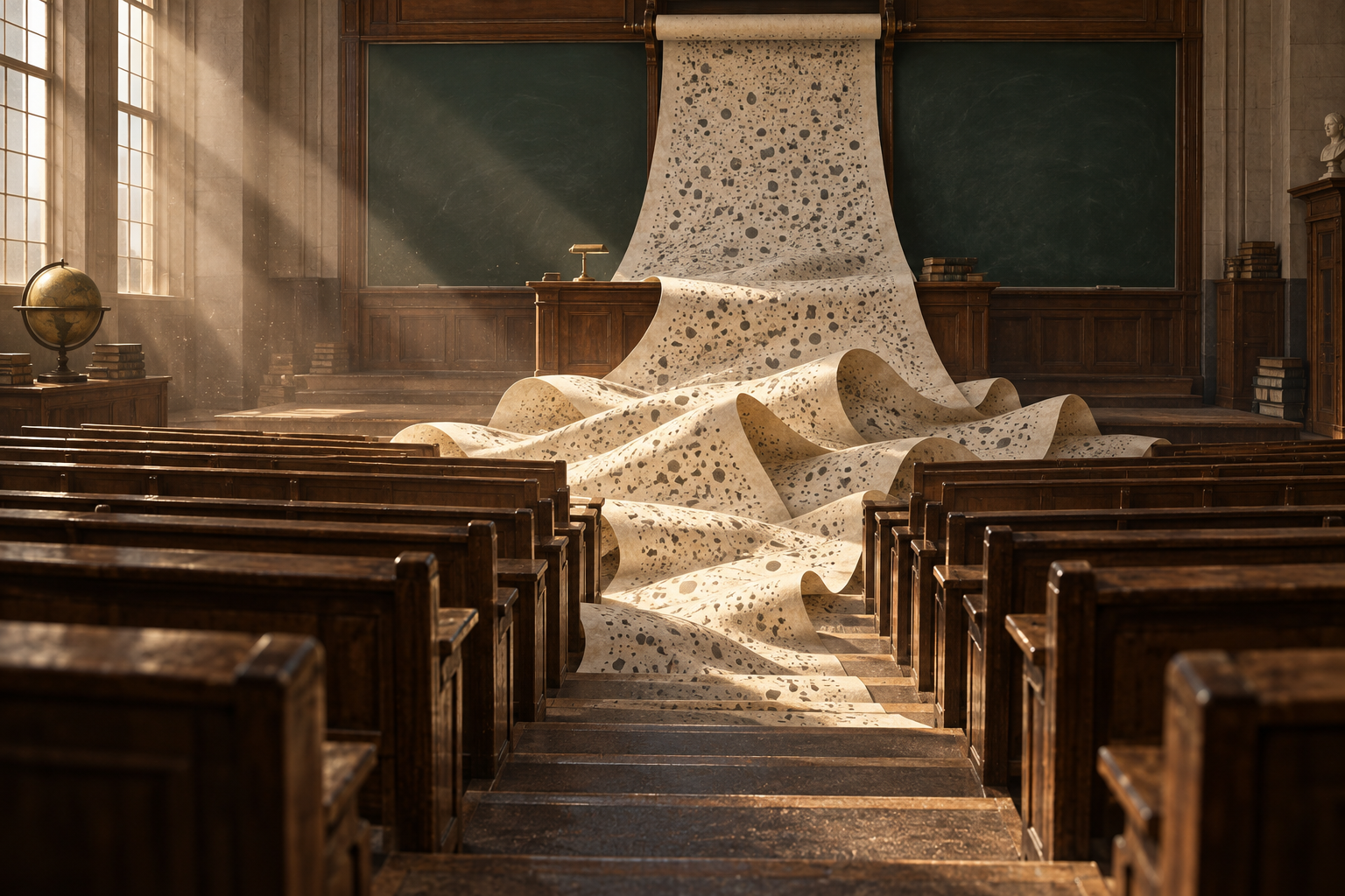 A huge paper scroll of abstract marks spills from a lectern down the steps of an empty lecture hall.