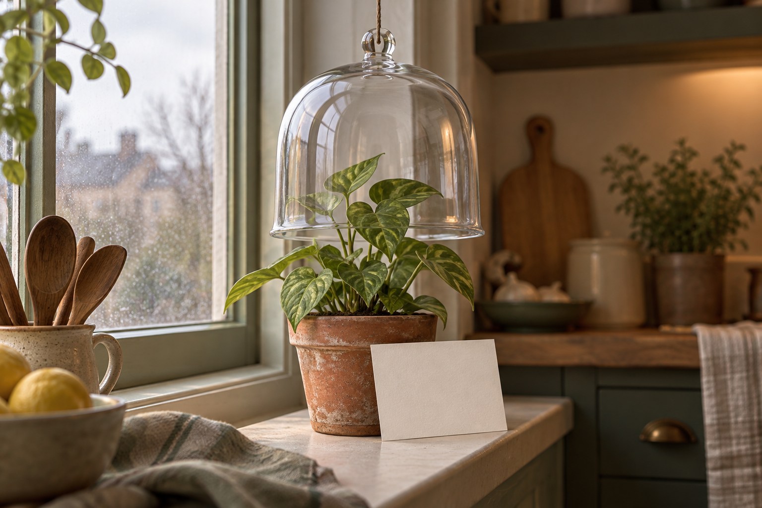 A glass cloche is lowered over a potted plant on a softly lit kitchen windowsill.