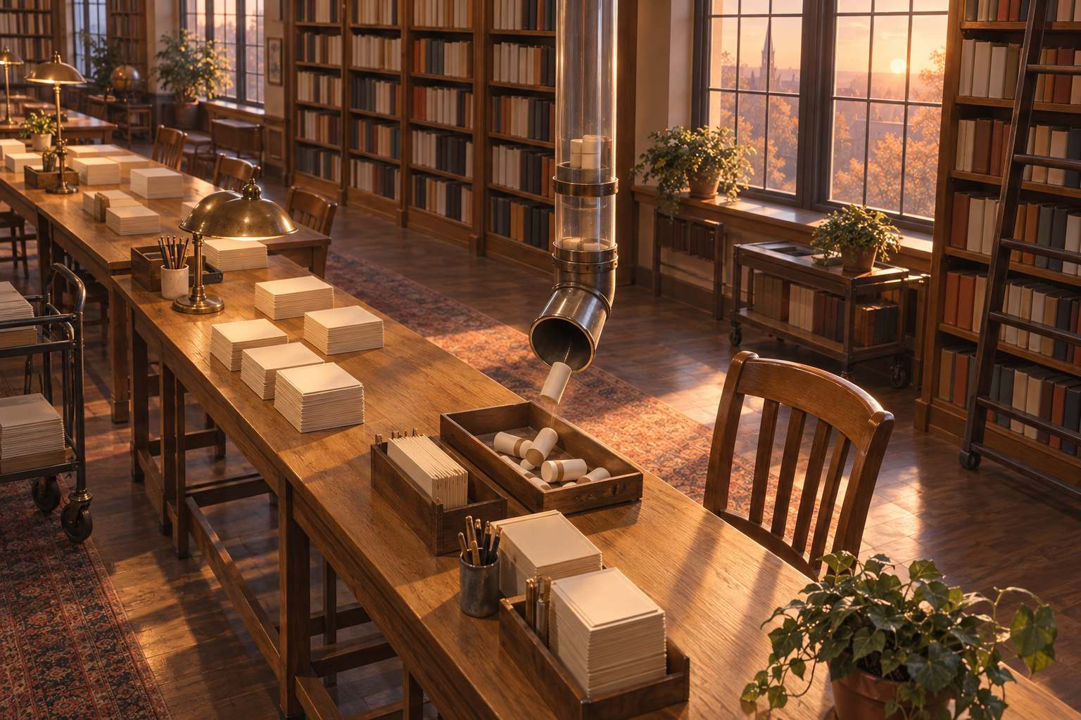 Paper capsules pile up from pneumatic tubes onto a wooden workbench in a sunlit library workshop.