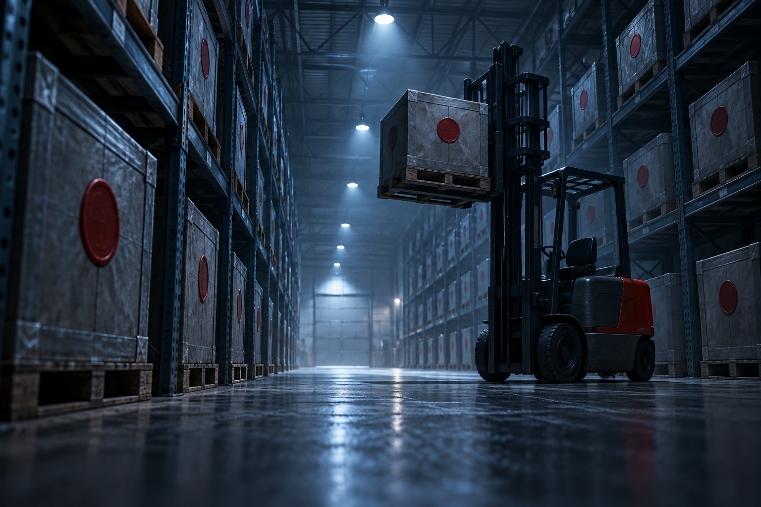 A forklift removes a sealed crate from tall steel shelves in a dim, blue-lit evidence warehouse.