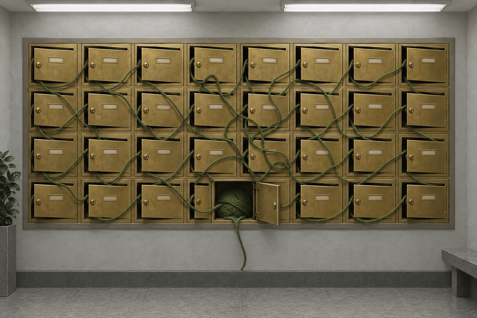 A green thread runs from one open brass mailbox into every other mailbox in a wall of mailboxes.
