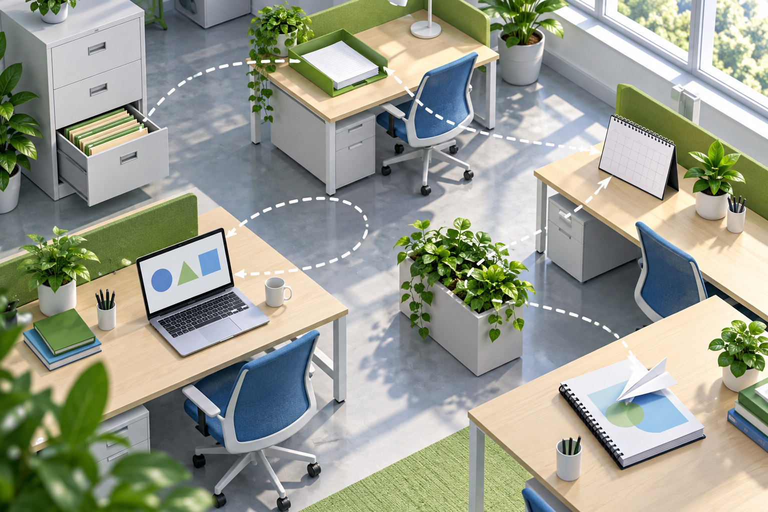 An isometric office where a paper airplane flies between desks and lands on a finished report.
