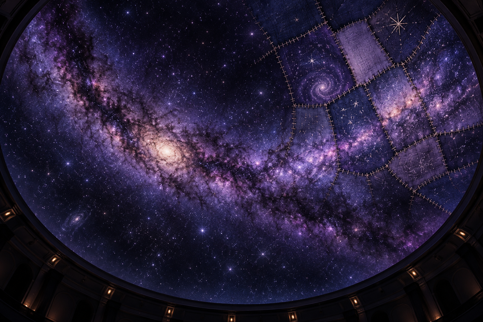A planetarium dome glows with a violet map of the galaxy, part of it filled in with quilt-like patches.