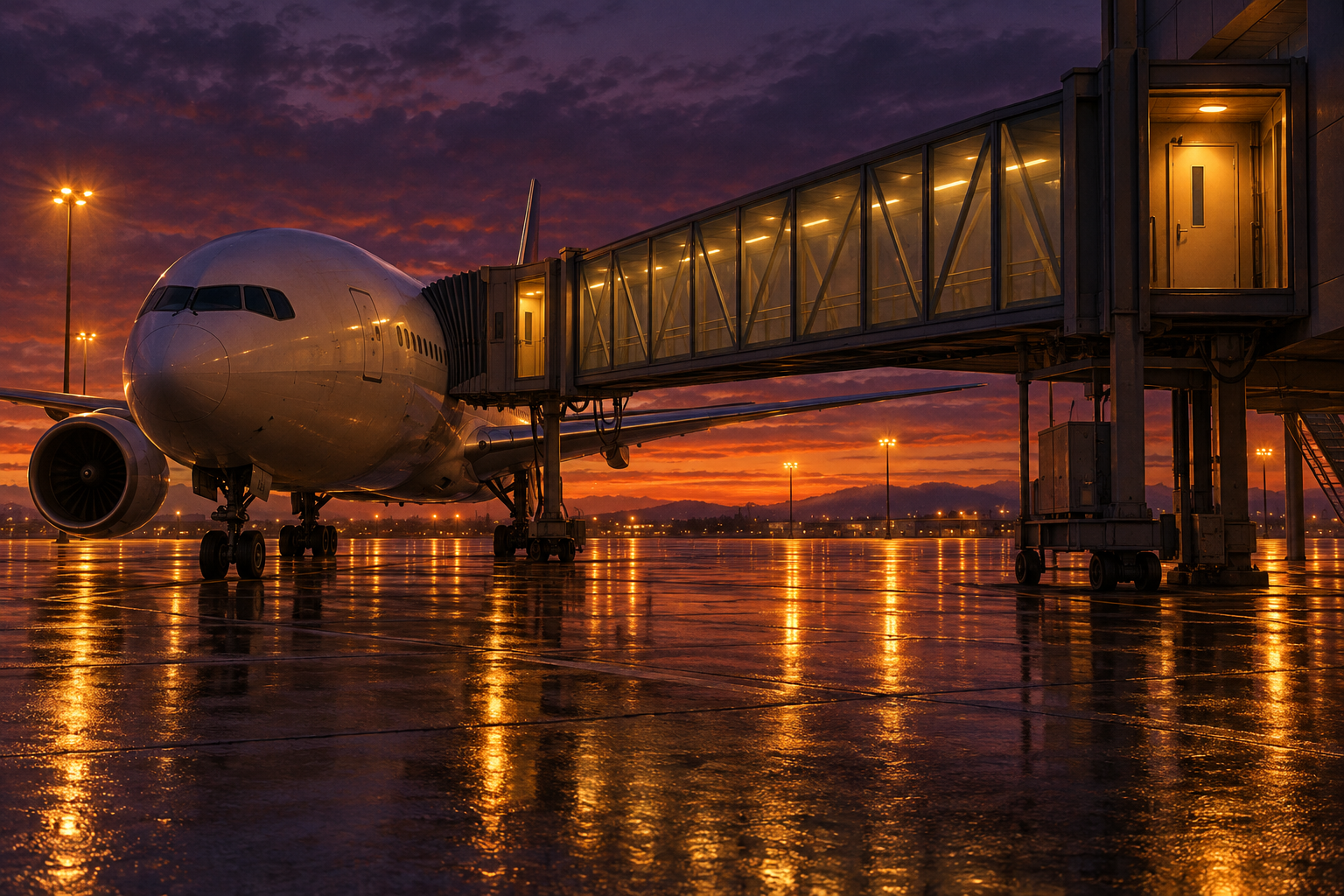 An empty airport jet bridge beside a parked airliner at dusk, lit by amber floodlights.