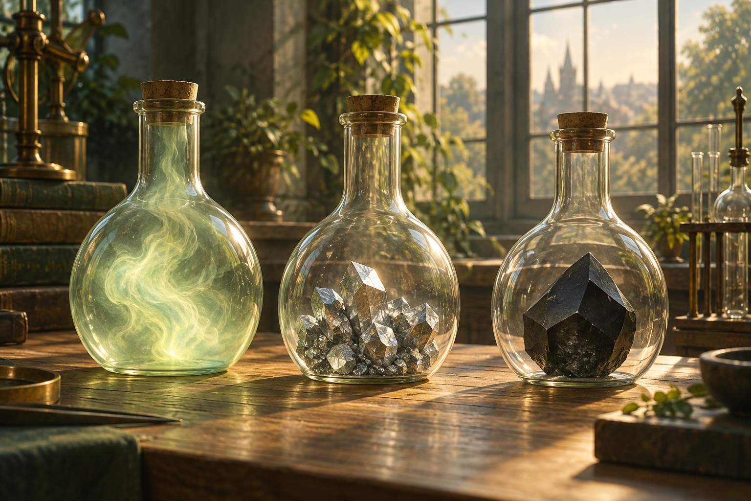 Three glass flasks holding a gas, metallic crystals and a dark crystal on a sunlit lab bench.