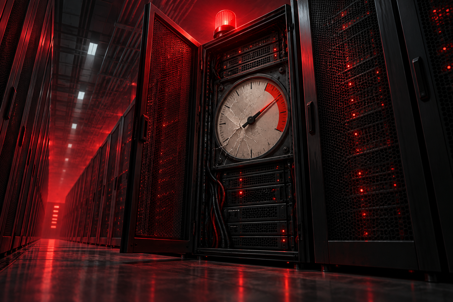 A low-angle view of server racks in a dark hall, with one cracked analog gauge glowing under a red warning light.