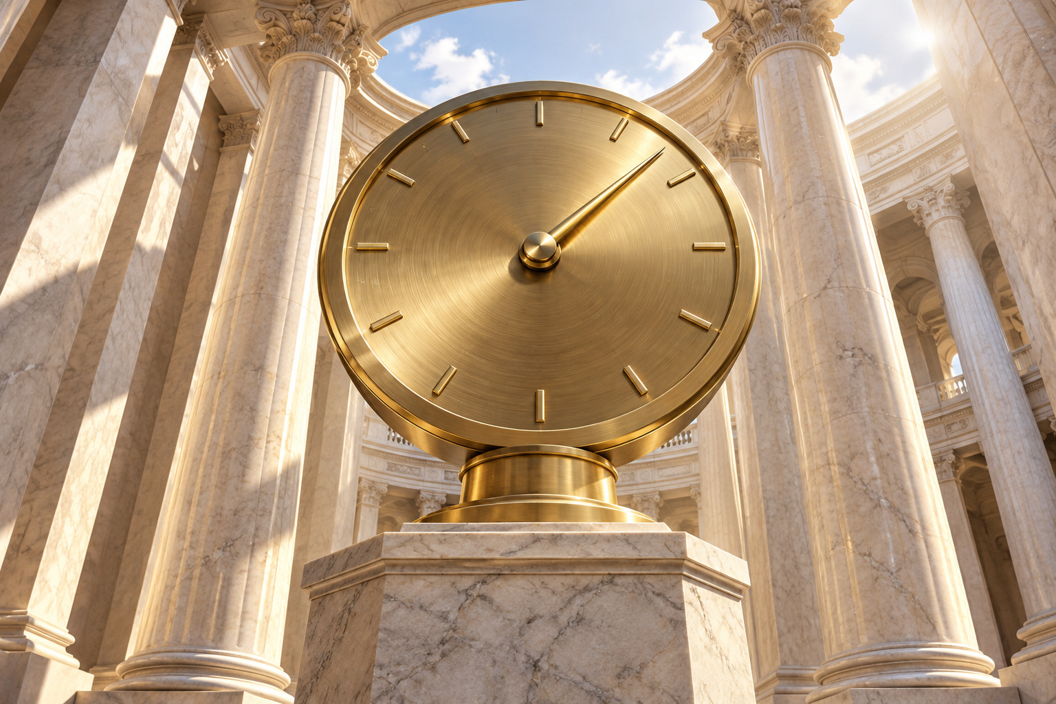 A large brass dial with a single needle on a pedestal in a bright marble atrium.