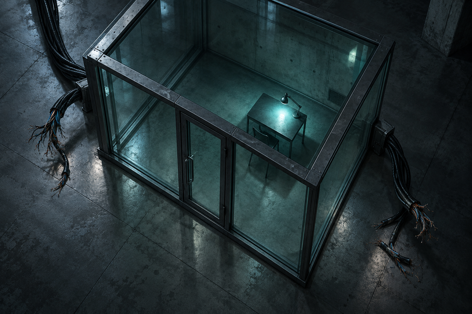 An overhead view of an empty glass test chamber with cut network cables hanging outside it, lit in cool teal.