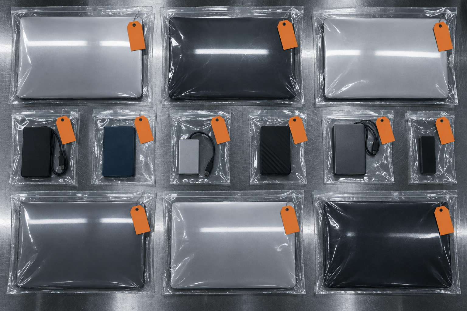 A top-down view of bagged laptops and drives lined up on a steel evidence table under fluorescent light.