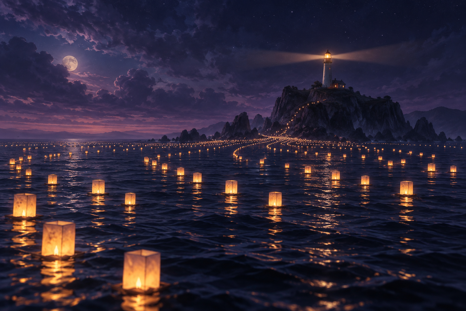 Hundreds of small glowing lanterns spreading across a dark sea from a single lighthouse at night.