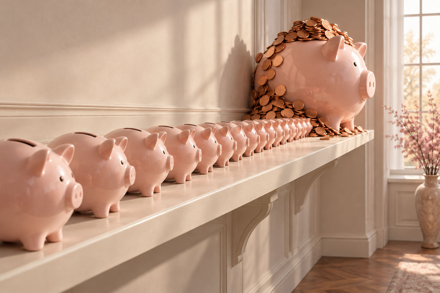 A row of small empty ceramic piggy banks ends in one large piggy bank overflowing with coins.