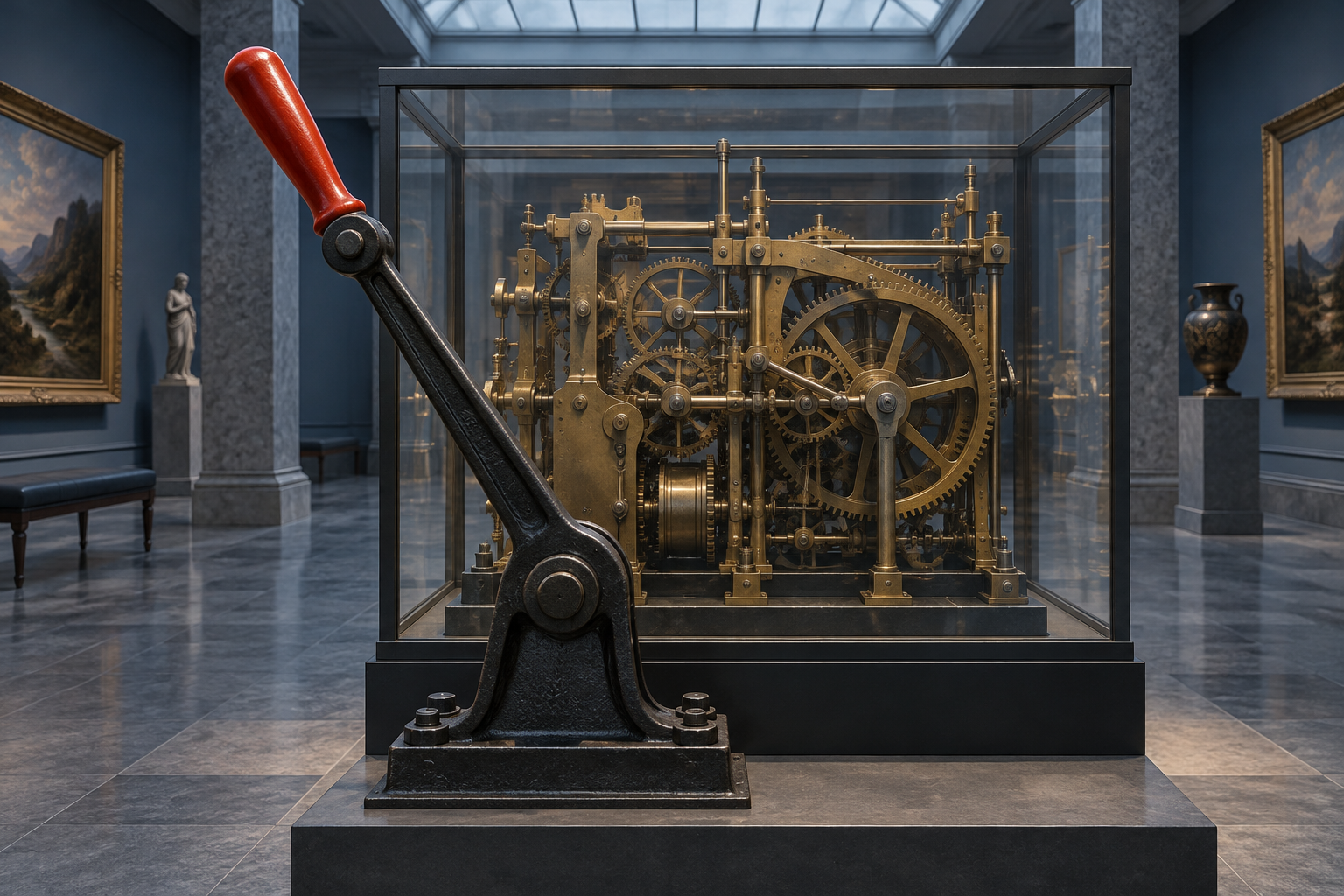A red-handled iron emergency brake lever sits outside a glass case holding a running brass clockwork mechanism.