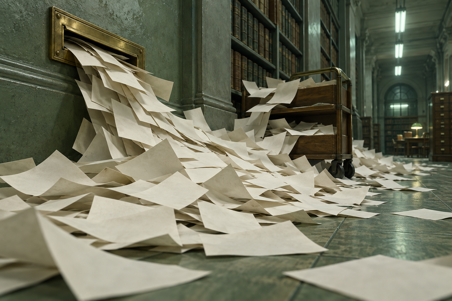 Paper manuscripts pour from a brass mail slot and pile up around a wooden cart on an archive floor.