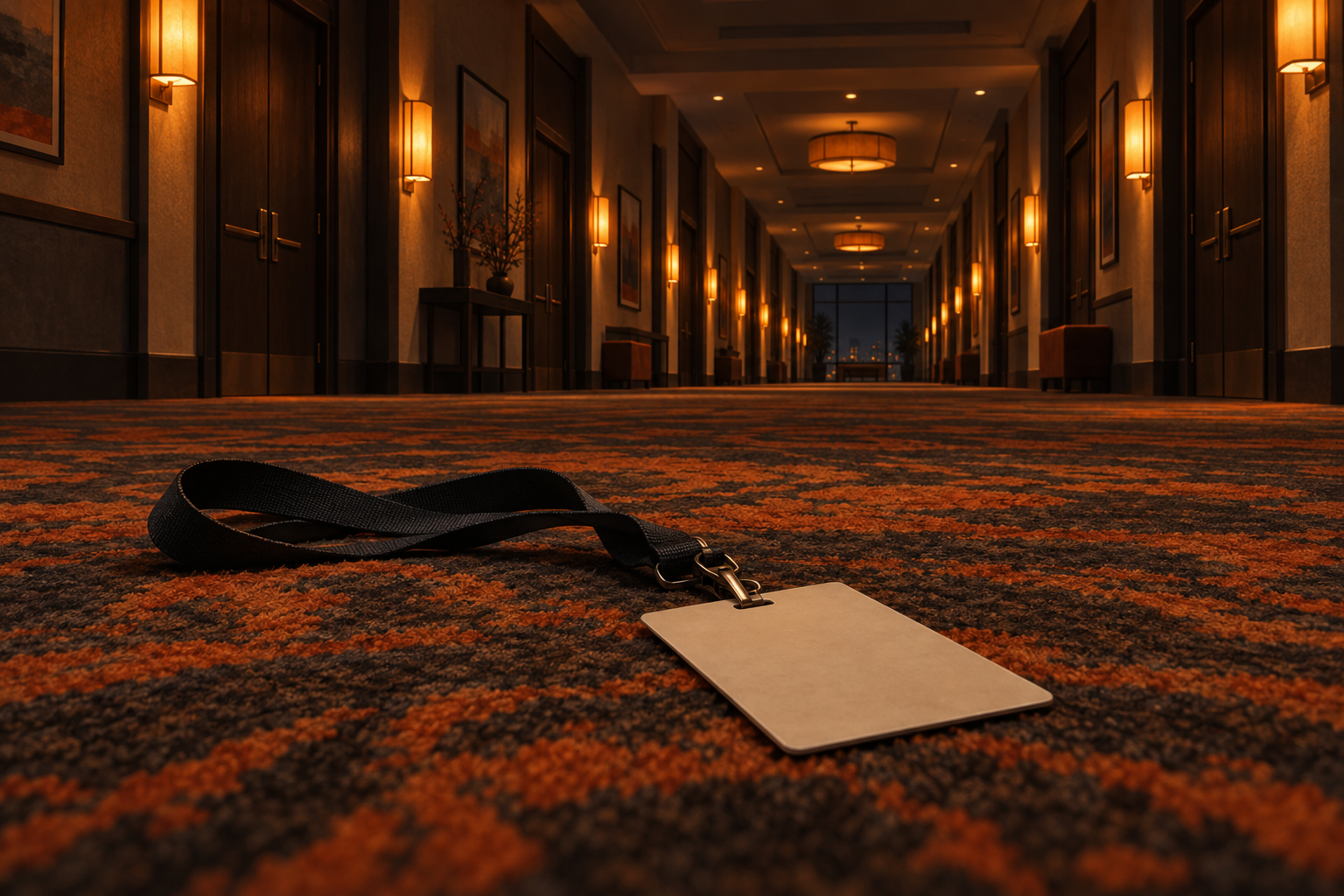 A dropped lanyard with a blank badge lies on the carpet of an empty conference hotel corridor at night.