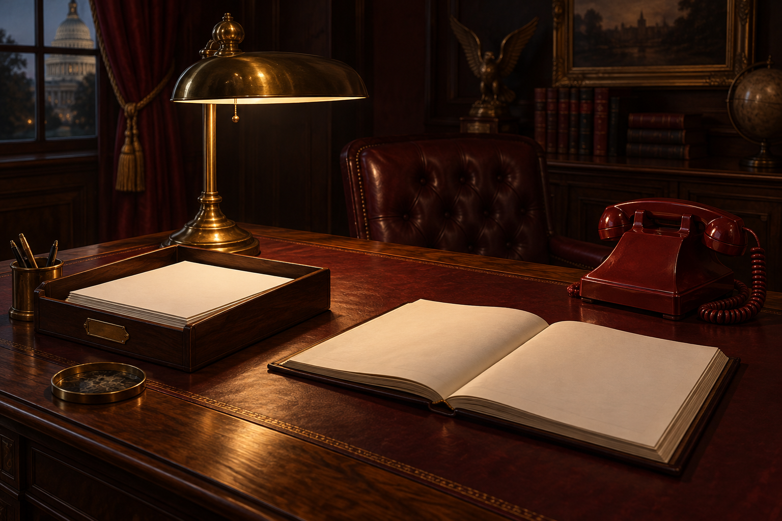 A walnut government desk holds a tray of blank forms, a red telephone and an open ledger under a warm desk lamp.