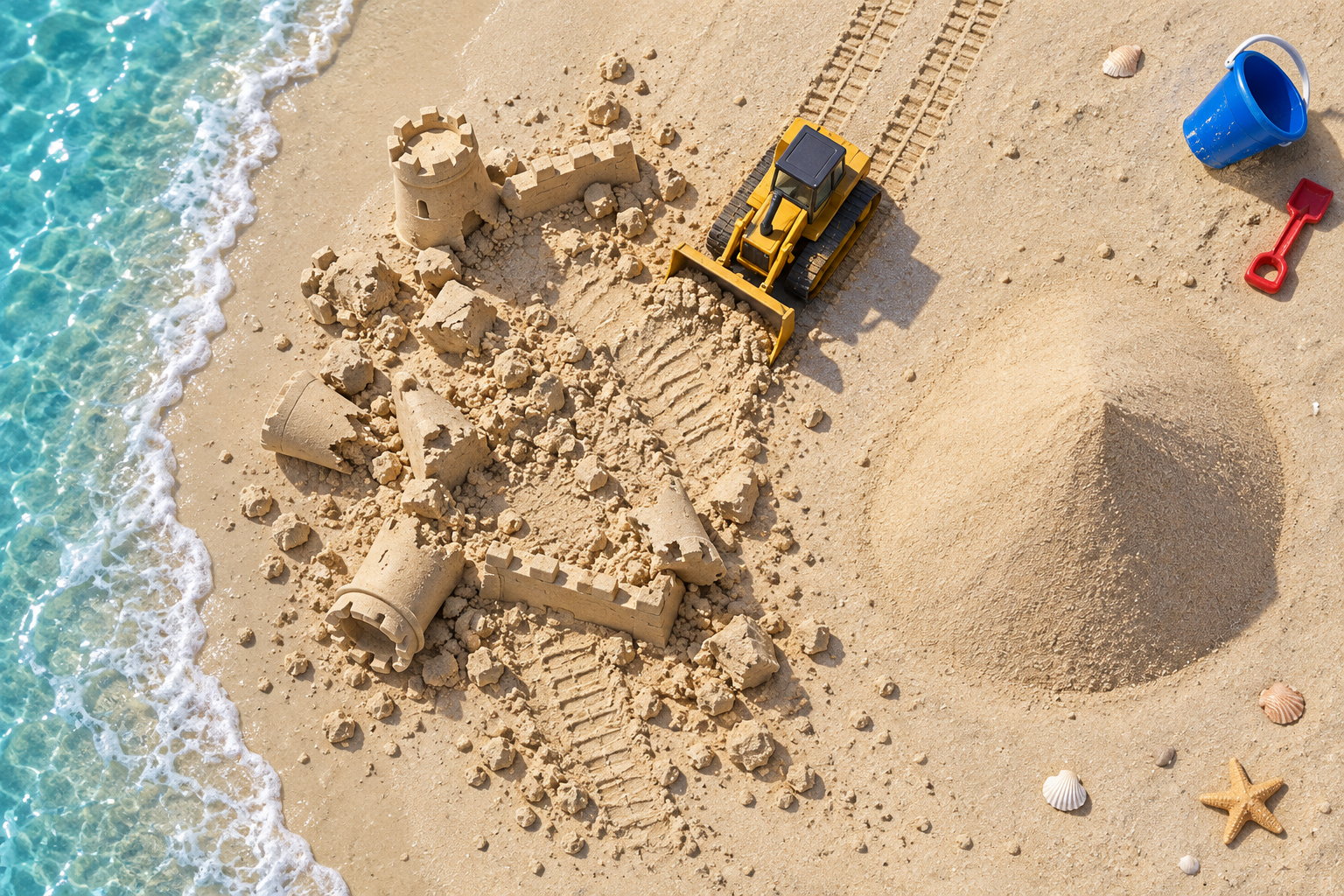 Seen from above, a toy bulldozer has flattened a sandcastle next to a fresh mound of untouched sand.