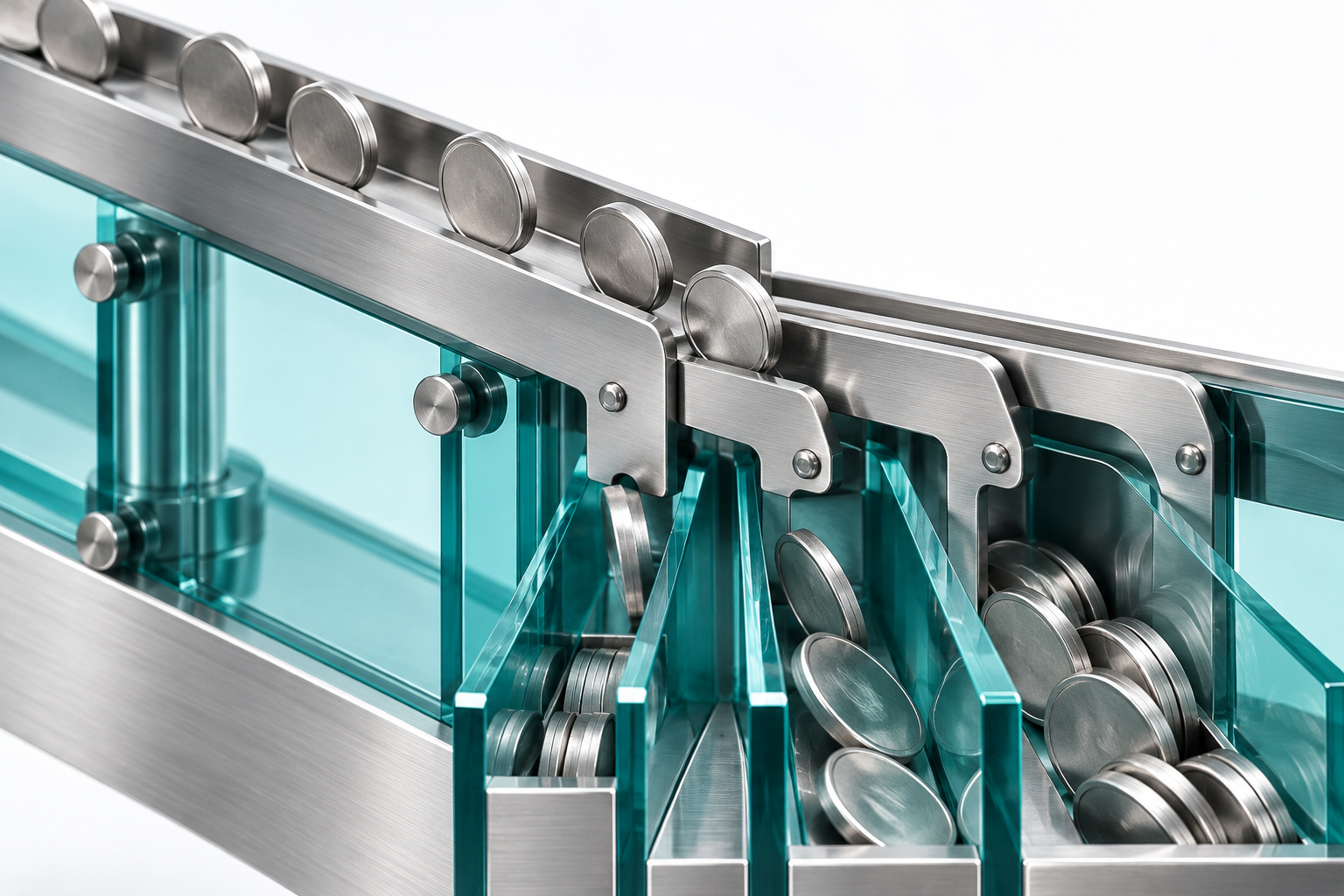 Silver discs roll down the inclined track of a mechanical sorter and drop into separate teal channels.