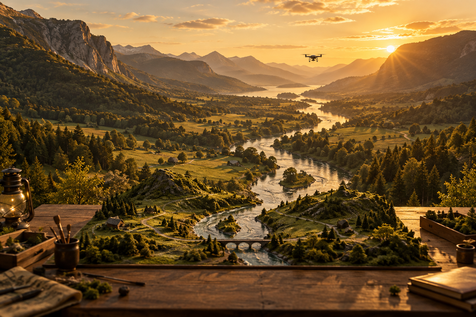 A tabletop diorama of hills and a river opens out into a real valley at golden hour as a small drone hovers overhead.