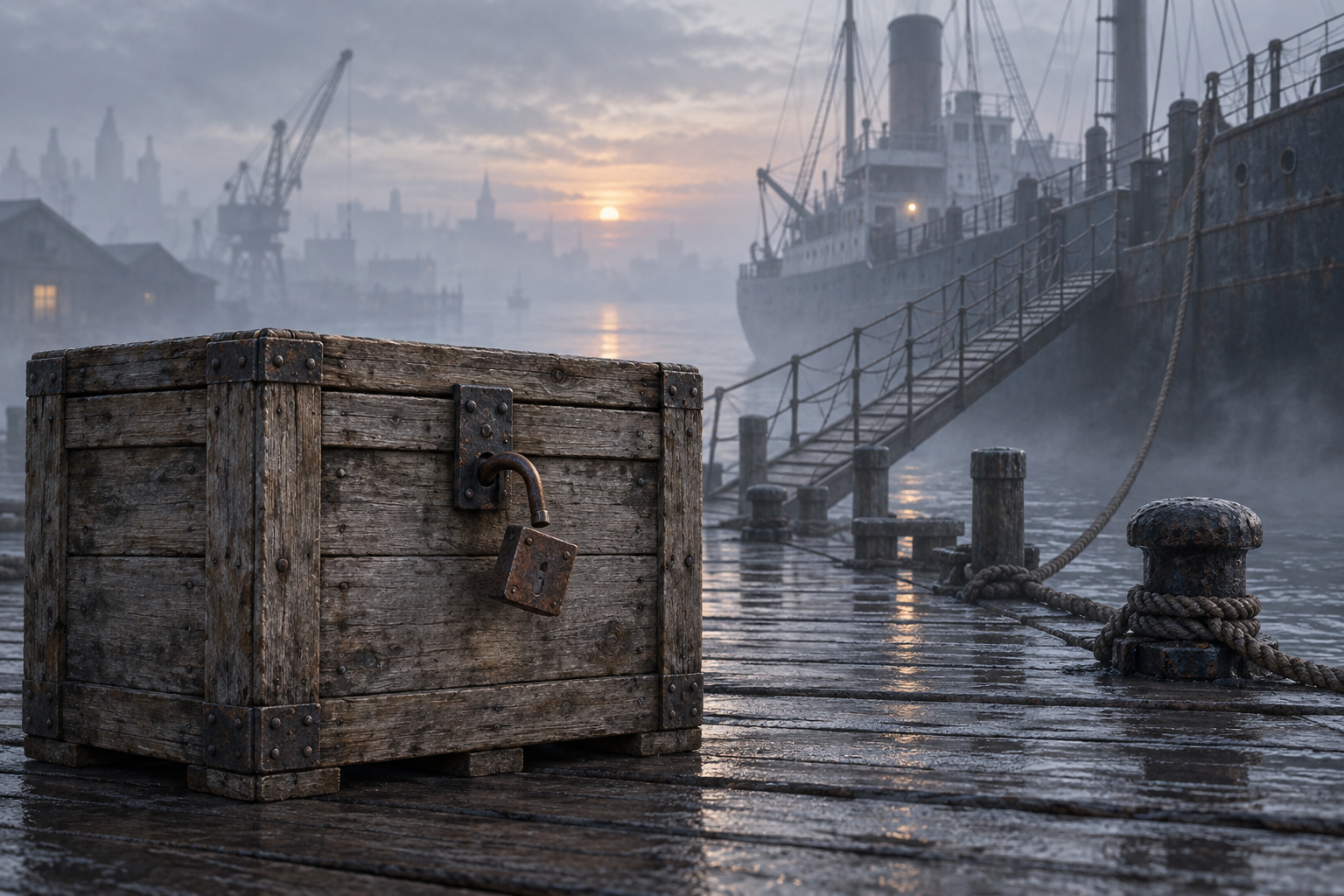 An unlocked wooden crate sits on a foggy harbor dock at dawn, next to a moored ship.