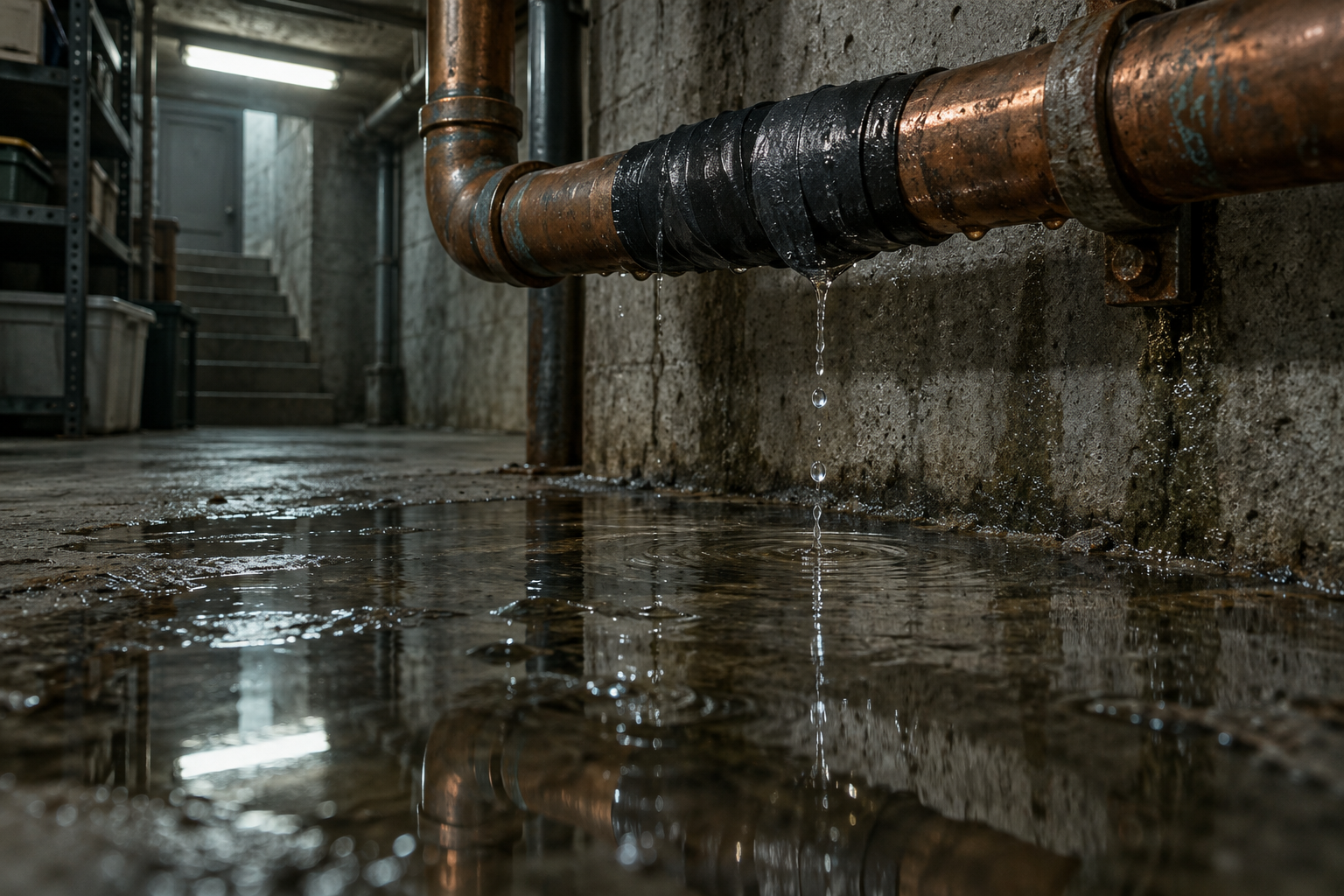 A taped-up burst pipe in a basement no longer sprays, but water still pools on the floor beneath it.
