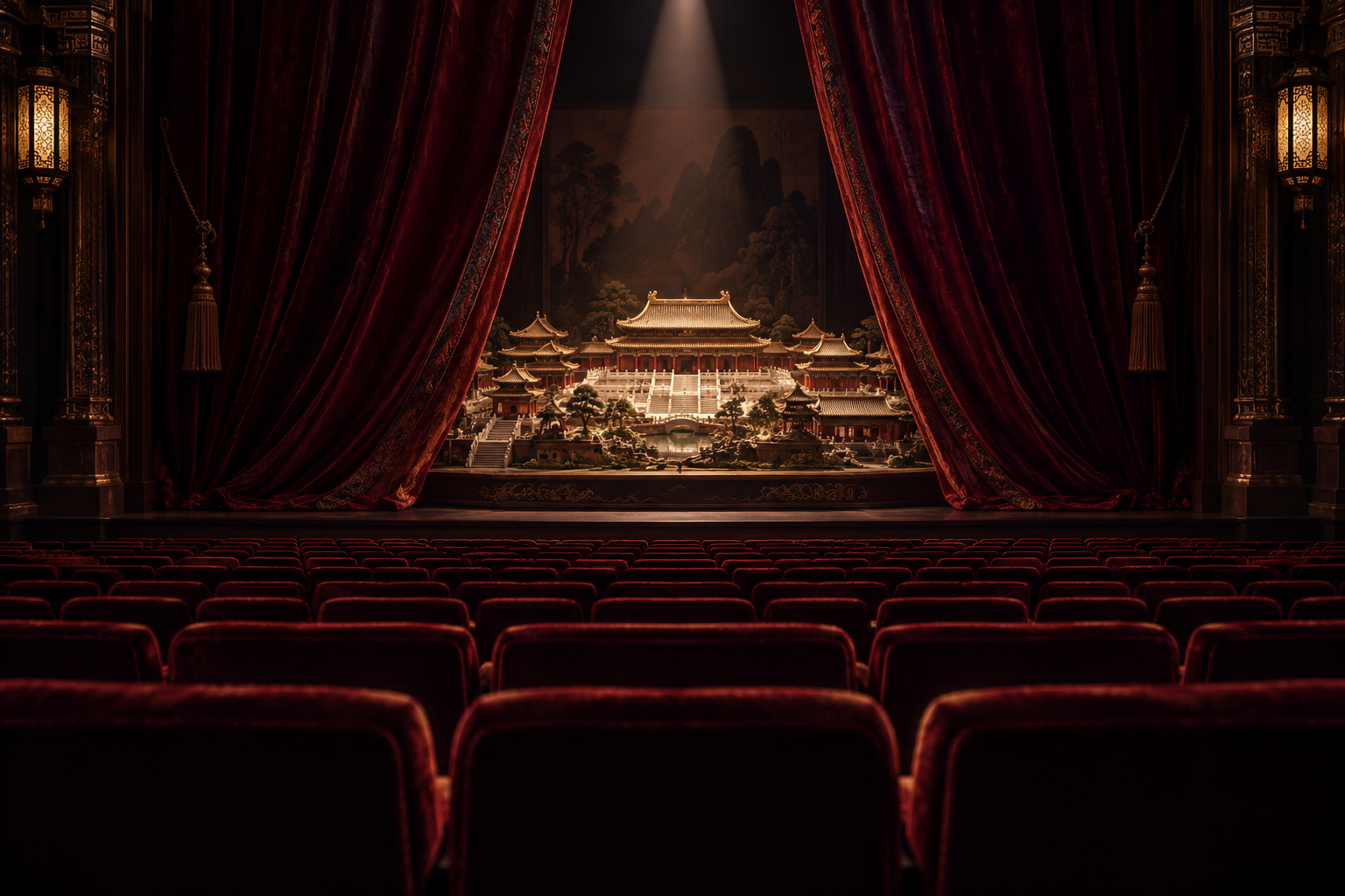 Through a narrow gap in a theater curtain, a spotlit miniature palace is visible beyond rows of empty seats.