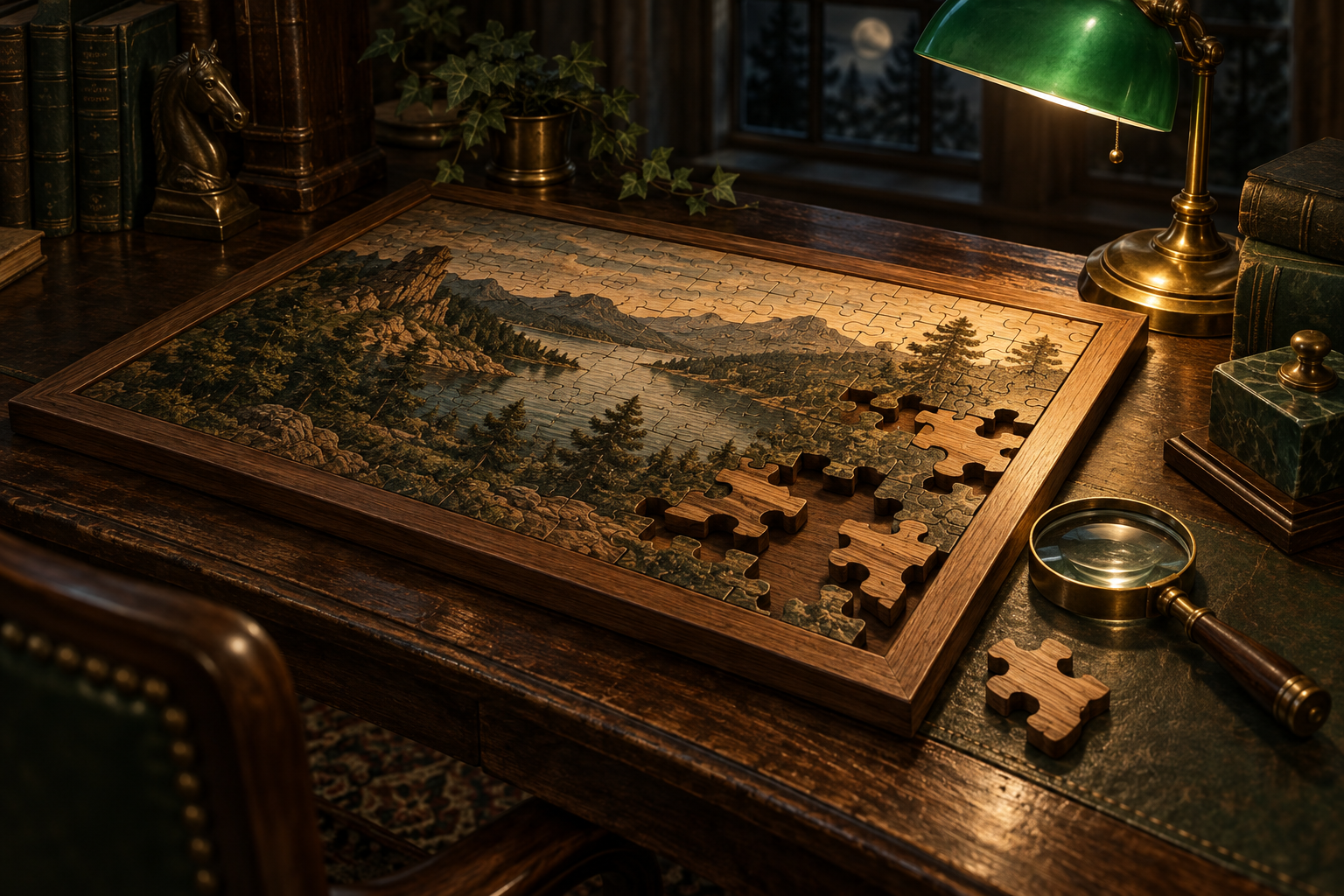 Carved wooden pieces fill the last gaps in an intricate frame on a lamplit library desk.