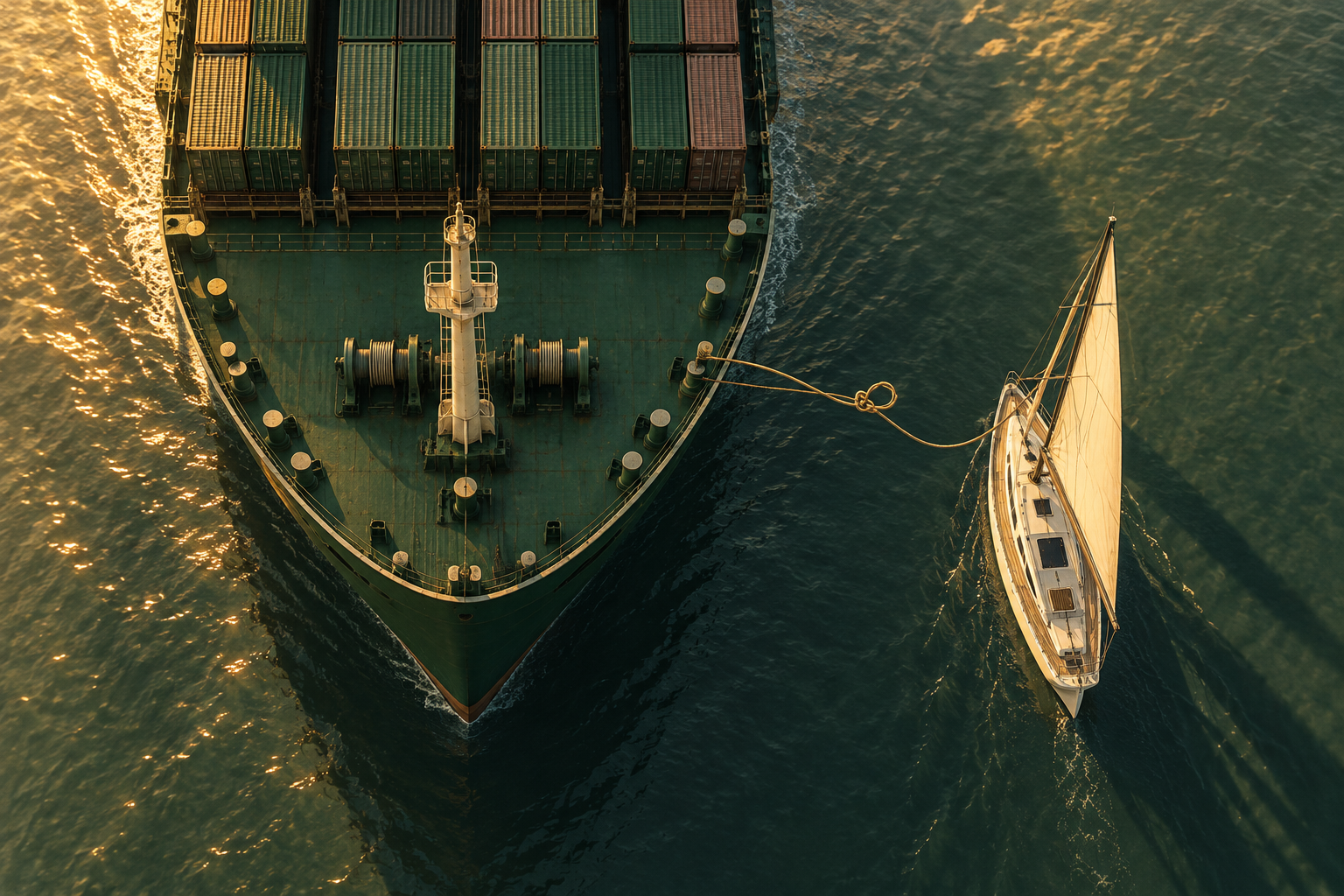 Seen from above, a large green cargo ship pulls alongside a small white sailboat on calm water as ropes link the two.