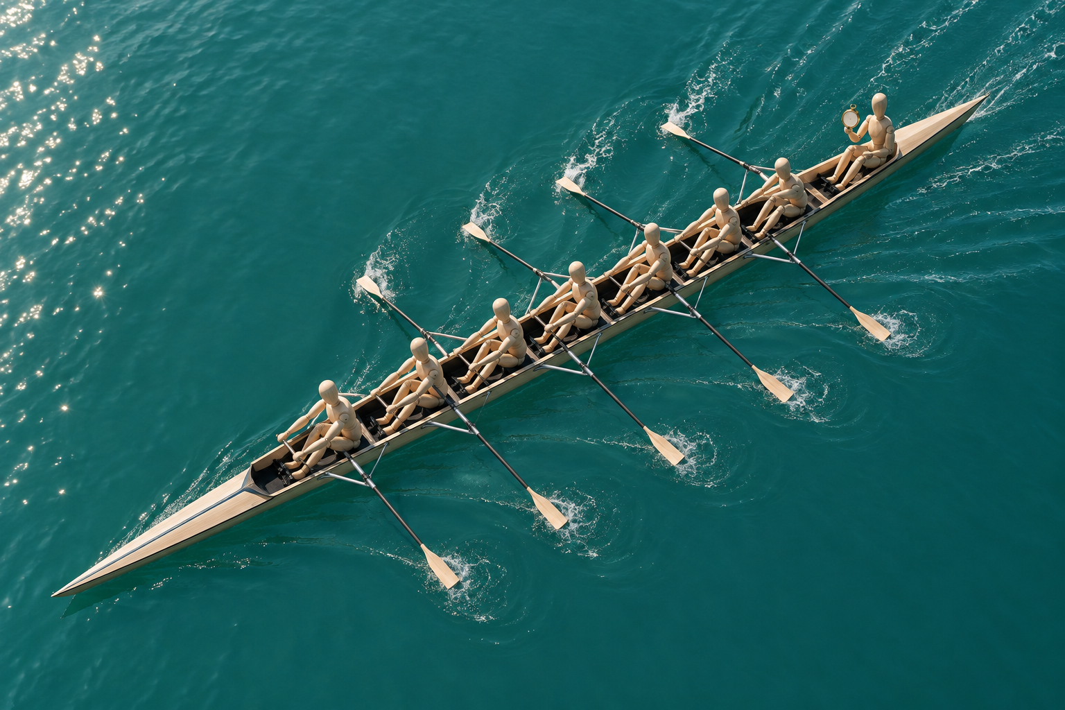 Seen from above, identical wooden mannequins row a long racing shell across teal water.