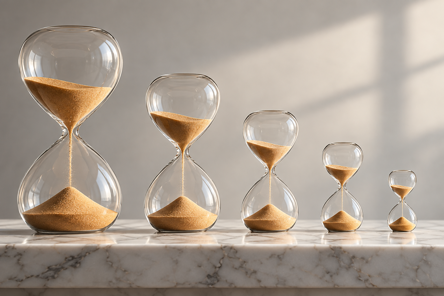 A row of hourglasses that get smaller from left to right stands on a white marble shelf.