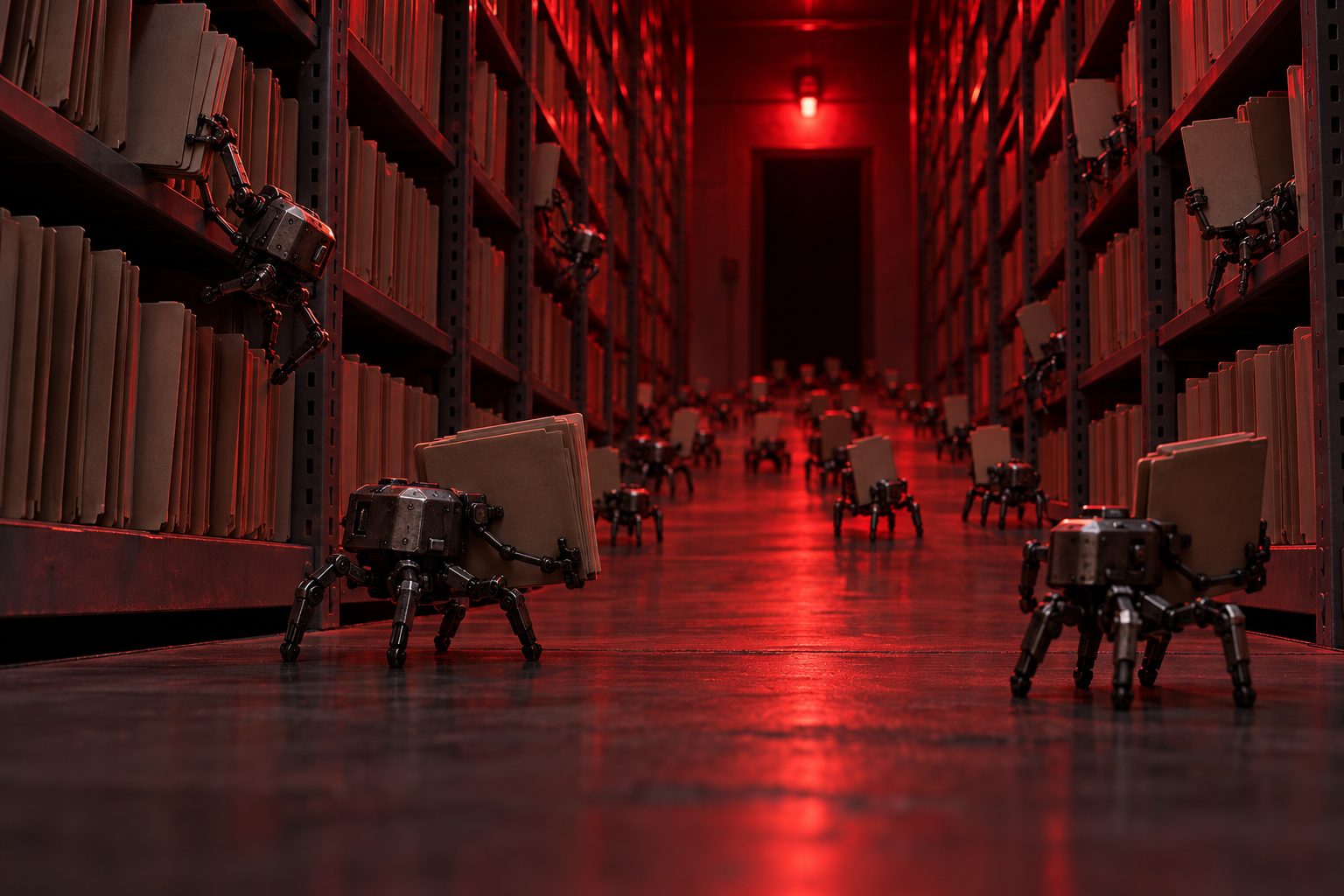 Dozens of small mechanical crawlers carry folders out of a dim archive aisle under red emergency light.