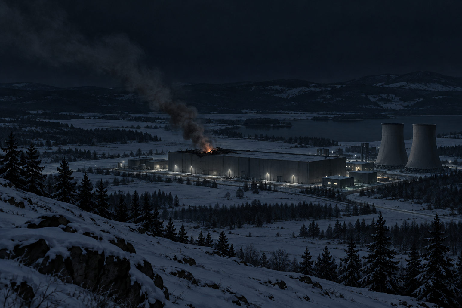 A long industrial building in a snowy landscape at night, partly dark and smoking, seen from a distant hillside.