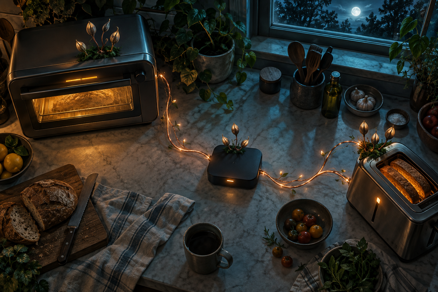 Kitchen appliances on a dark countertop, linked by thin glowing threads, with small identical seed pods sprouting from each one.