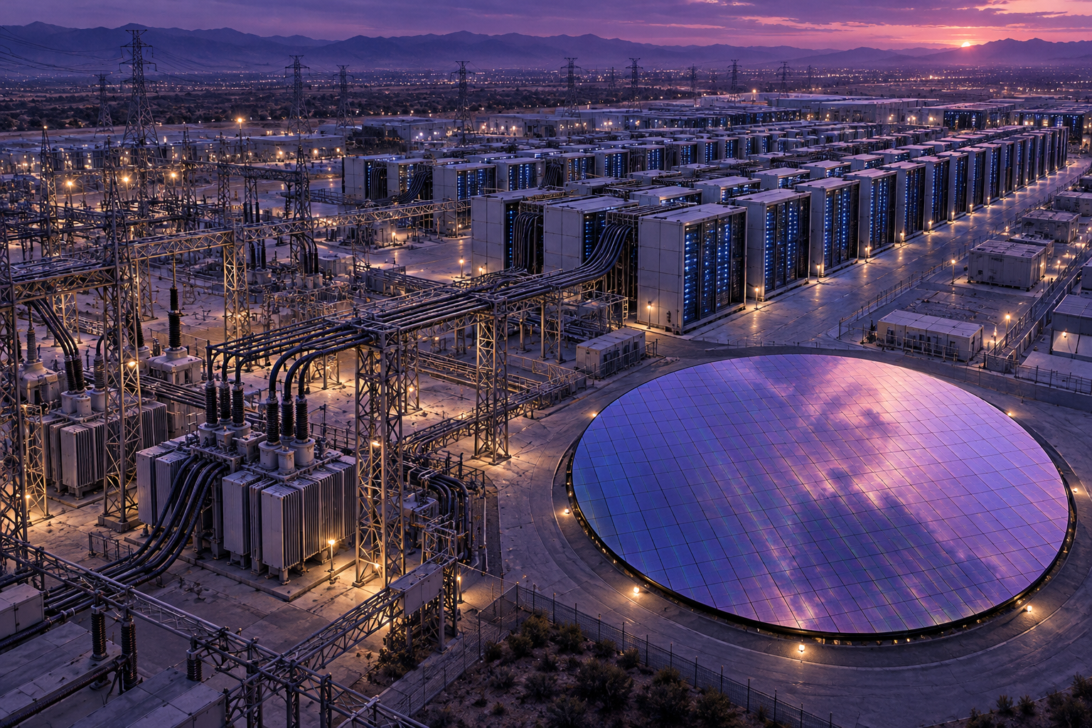 An aerial dusk view of a power substation feeding cables into rows of server cabinets, with a large silicon wafer lying on the ground.